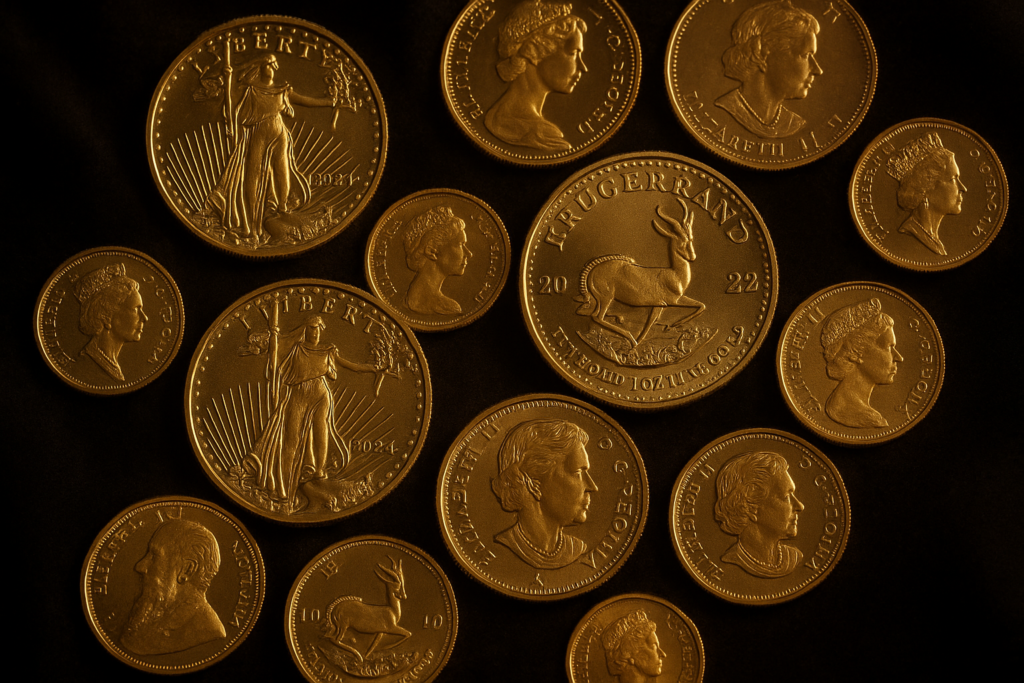 Gold coins on dark velvet surface showing American Eagle and Krugerrand coins