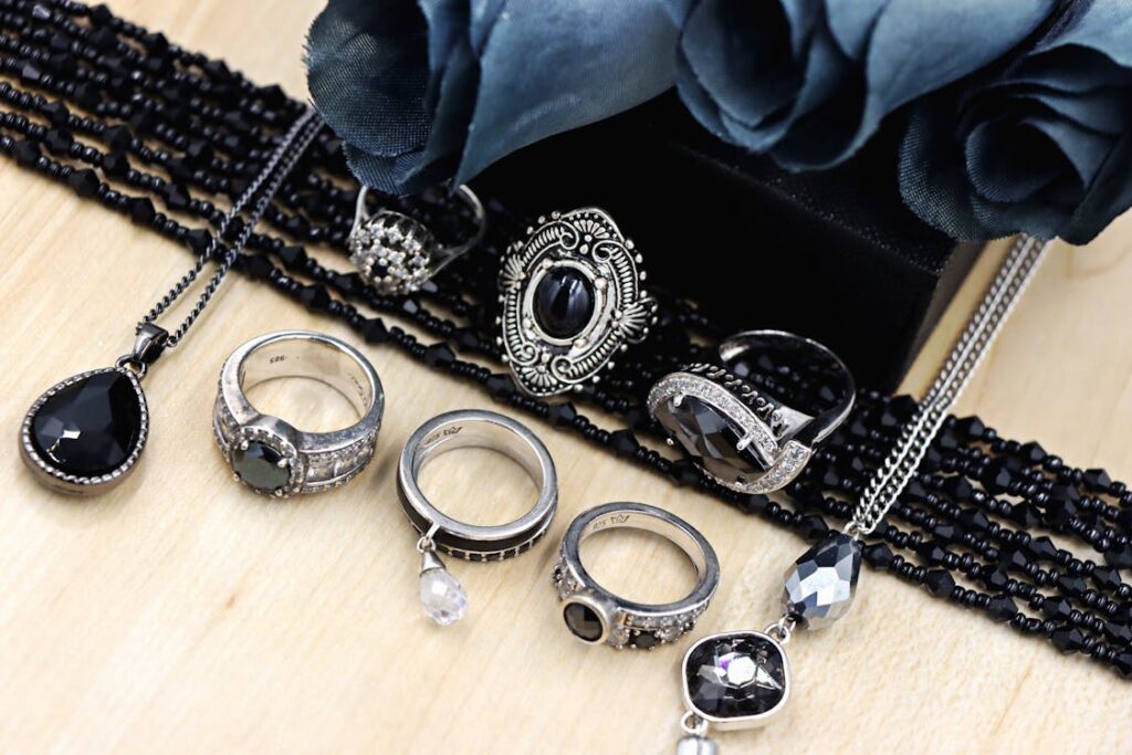 Sophisticated collection of estate jewelry pieces elegantly displayed