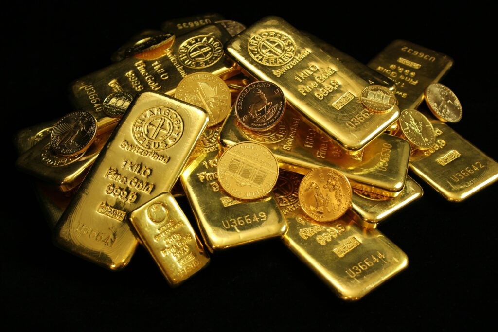 Gold bullion bars and coins