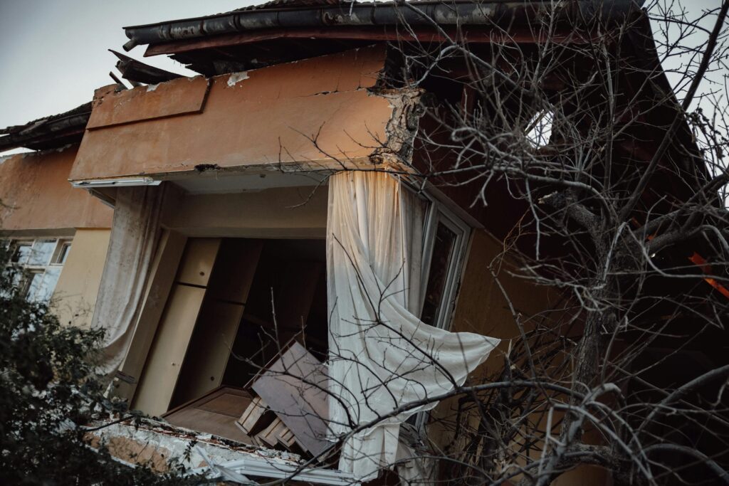 Fire damaged house exterior