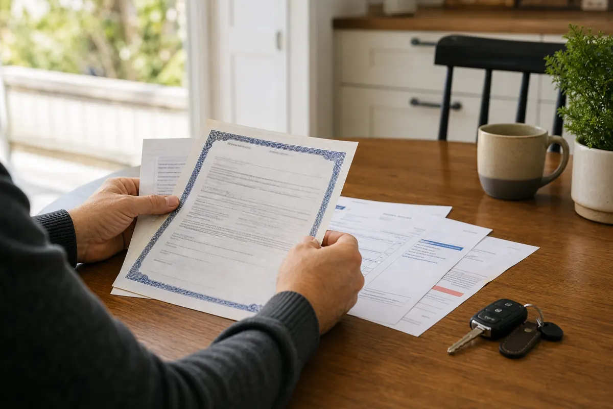 Car sale paperwork and toll notice beside car keys