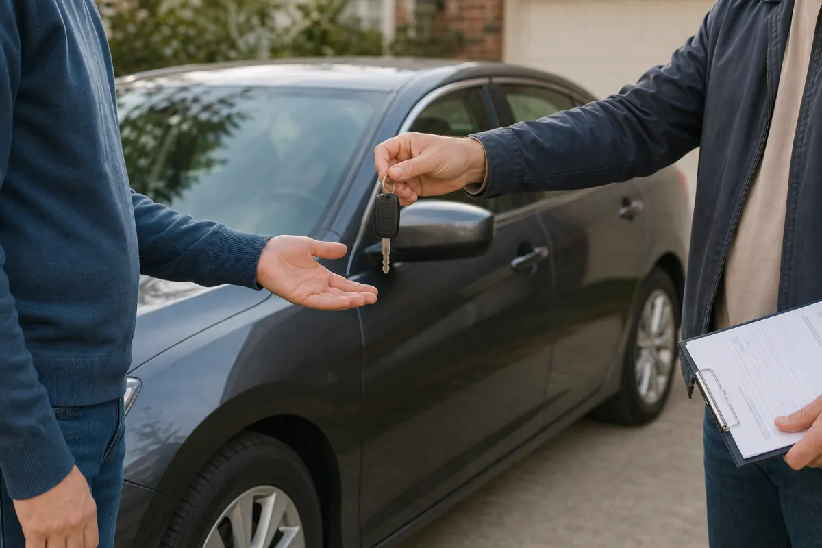 Car seller handing keys to a buyer beside a used sedan
