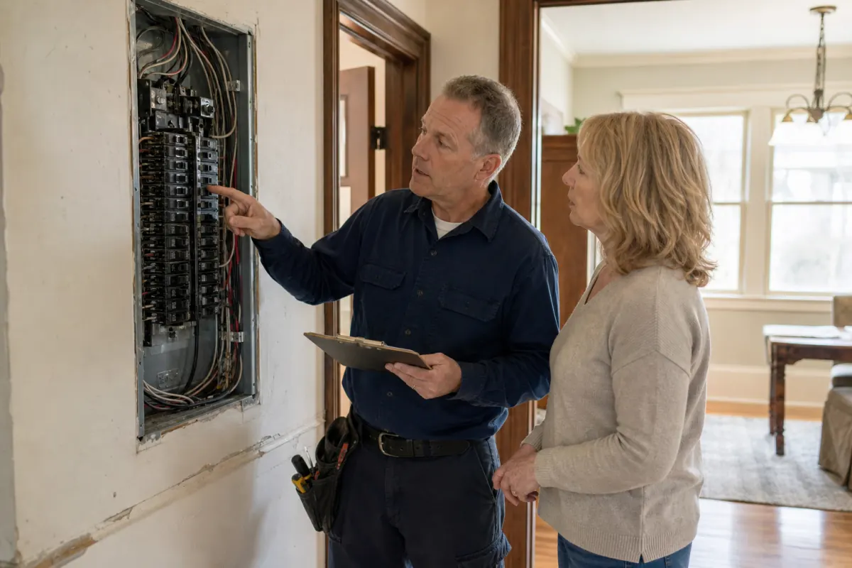 Electrician preparing a rewiring estimate in an older home