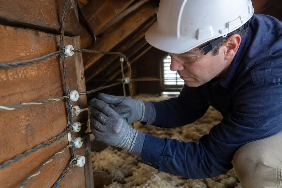 Licensed electrician inspecting knob and tube wiring in an older home
