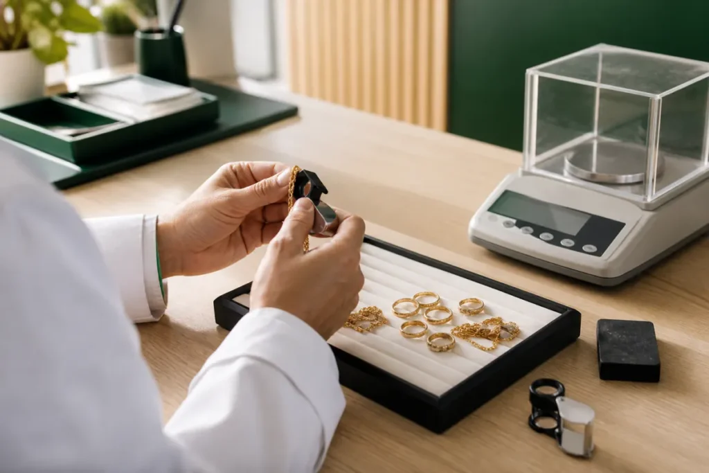 Gold buyer weighing gold jewelry on a digital gram scale