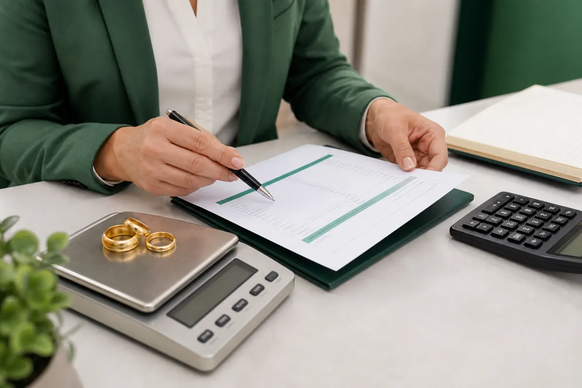 Seller comparing an itemized gold buyer offer beside a scale
