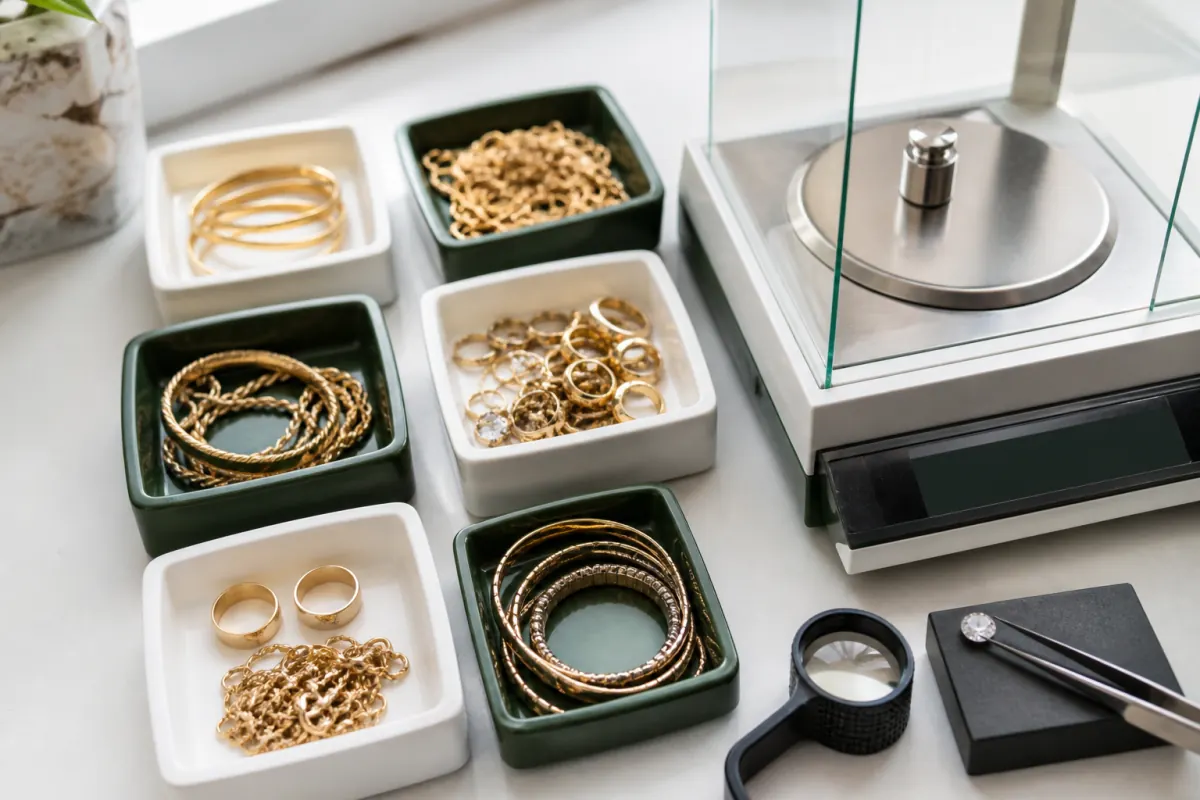 Gold jewelry sorted by karat beside a digital gram scale