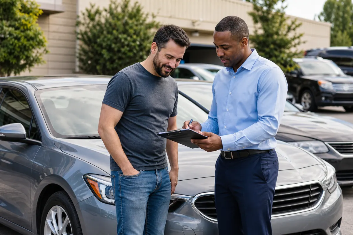 Car owner reviewing sale paperwork with a vehicle buyer