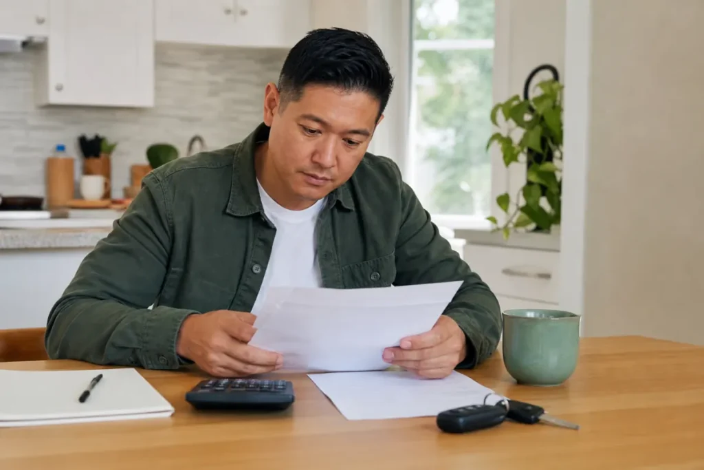 Owner reviewing a car loan payoff before selling a car with negative equity