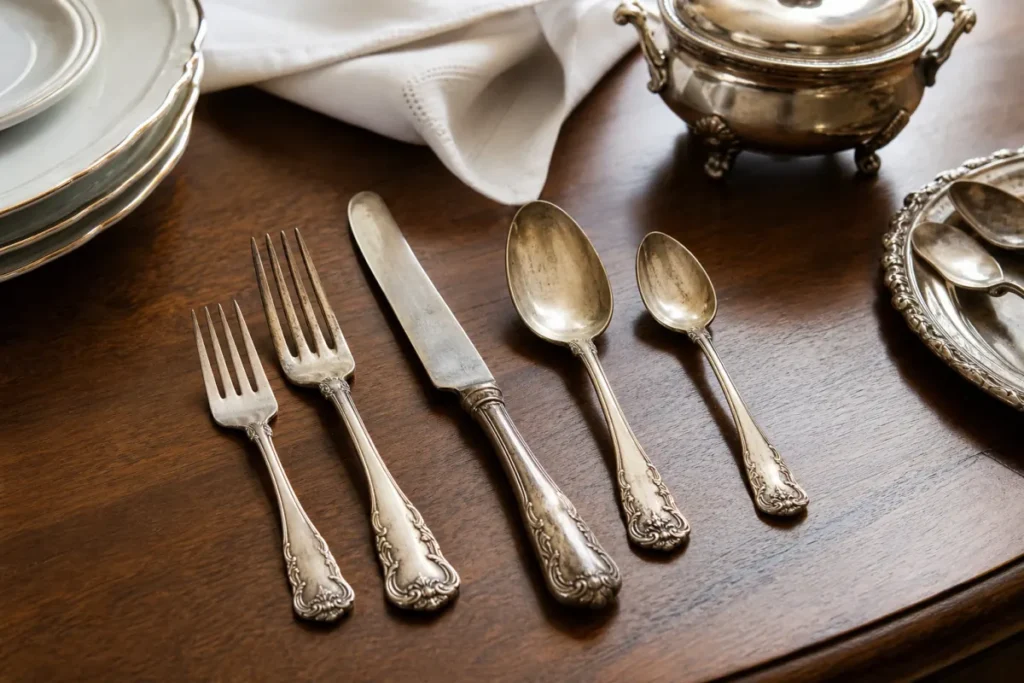 Vintage silver-plated silverware arranged on a wooden table