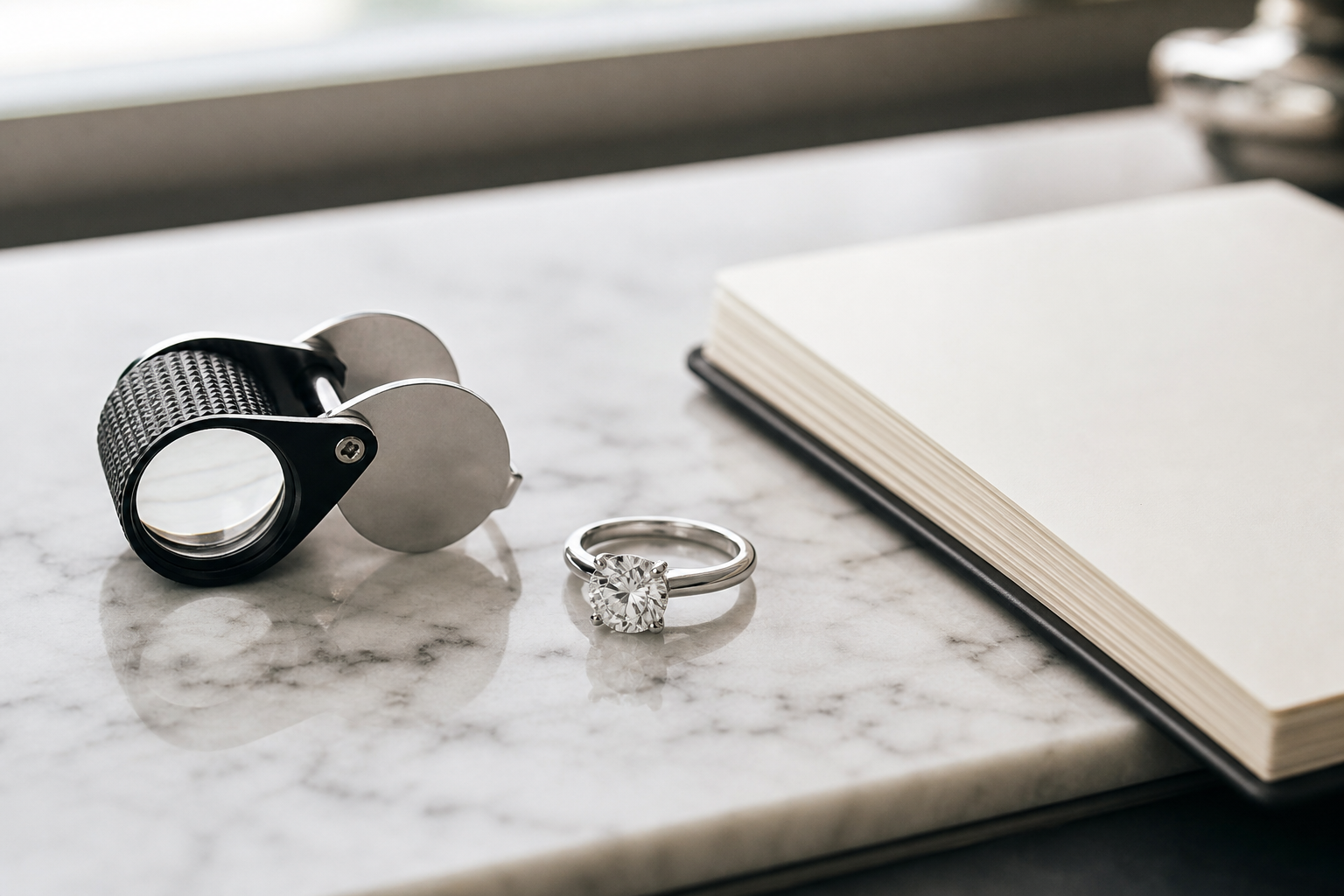 Jewelry appraisal tools beside an engagement ring