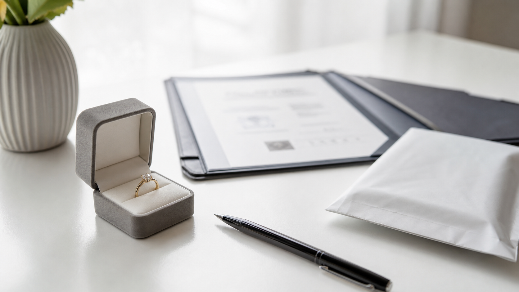 Engagement ring and sale documents on a clean table