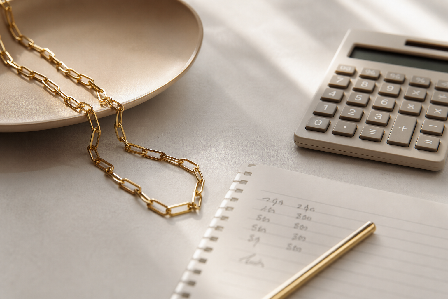 Gold chain with calculator and notes for estimating cash value