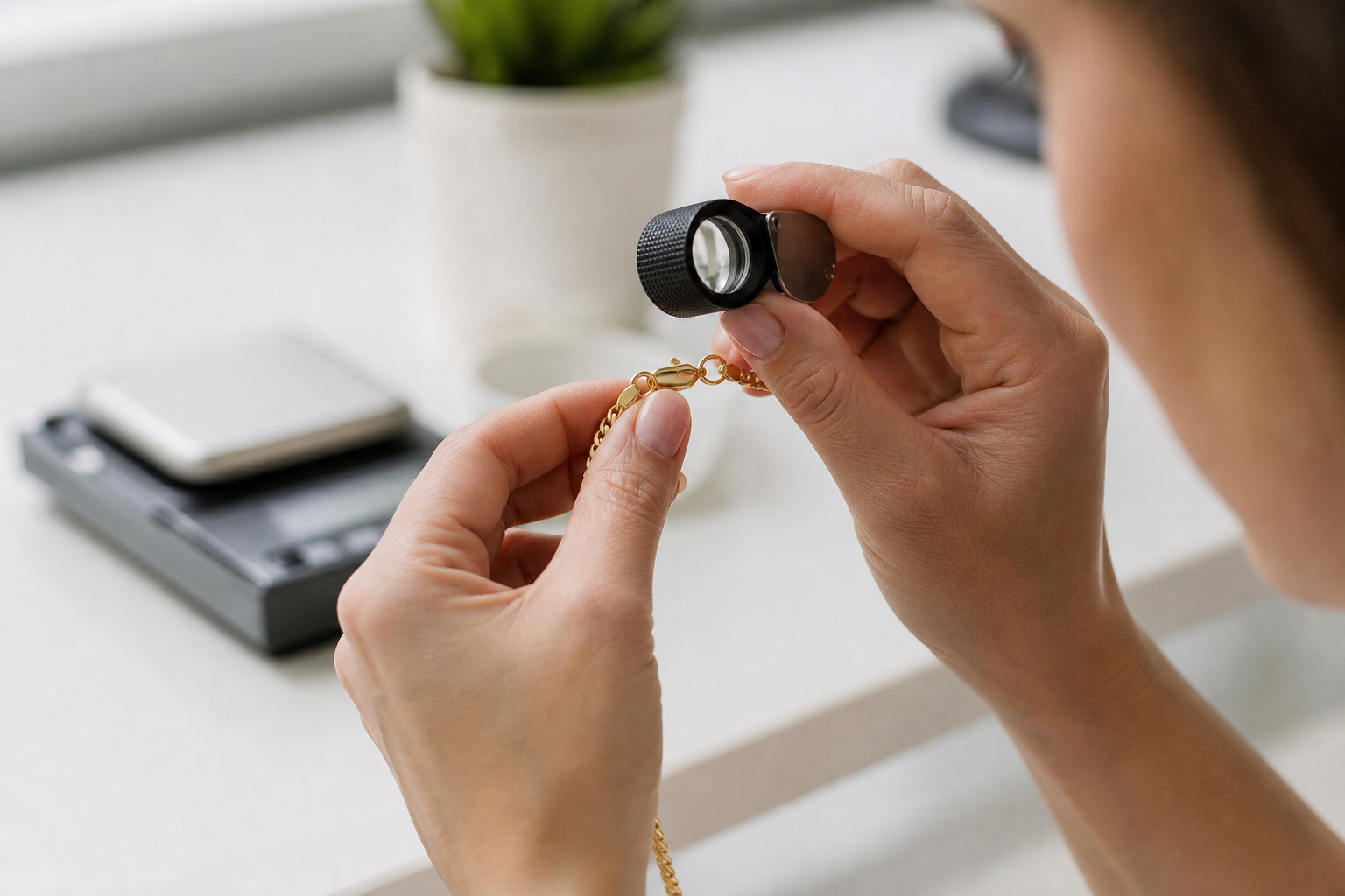 Gold chain being checked with a loupe before selling