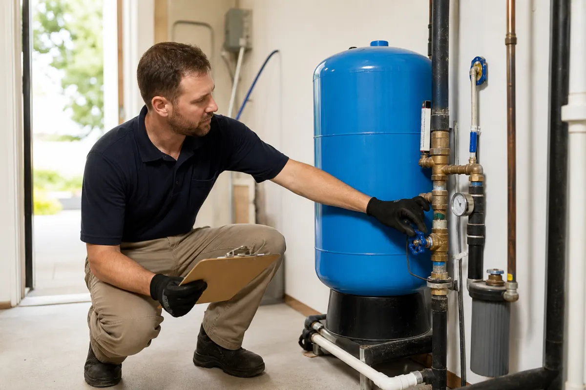 Technician inspecting shared well equipment