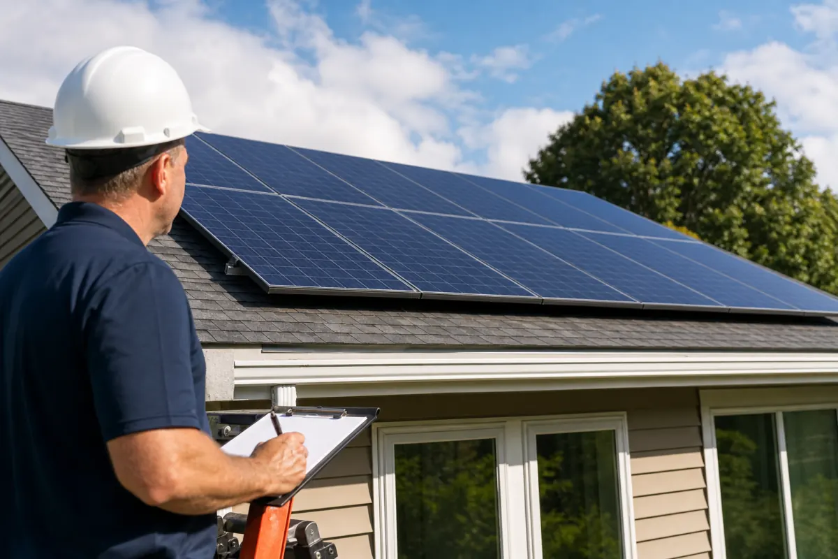Residential solar panels being inspected before a home sale