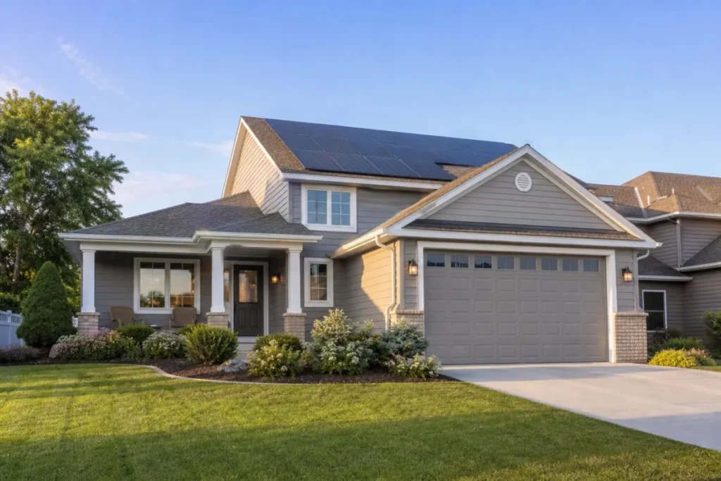 House with rooftop solar panels