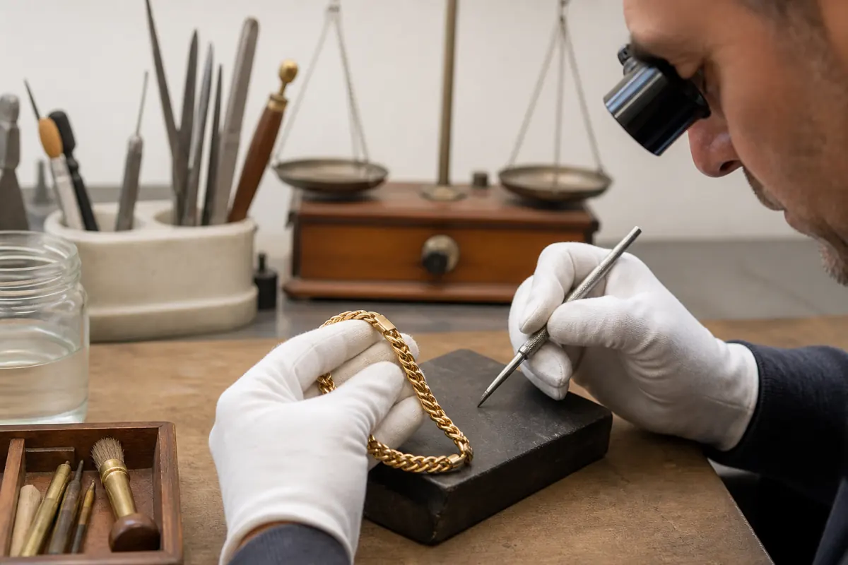 Jeweler testing unmarked gold on a touchstone