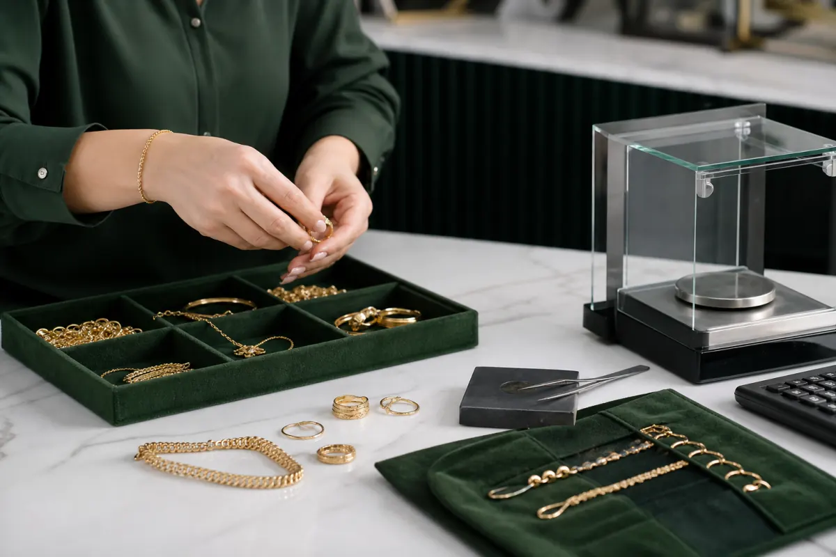Gold jewelry sorted beside a digital scale before a sale