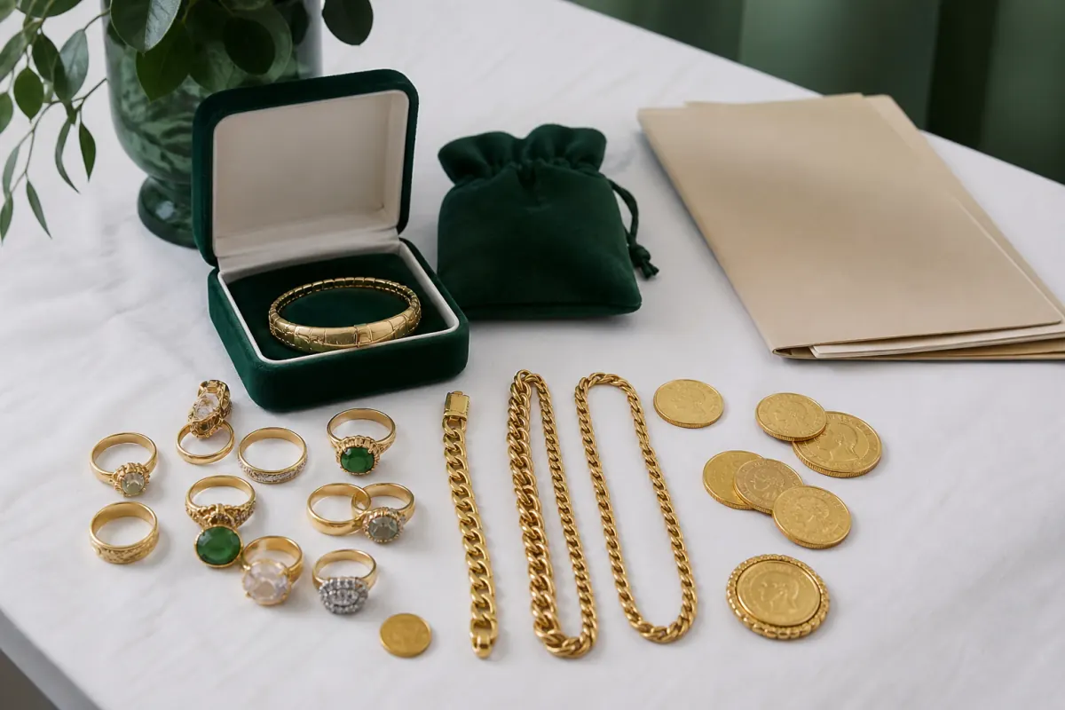 Inherited gold jewelry arranged beside a document folder