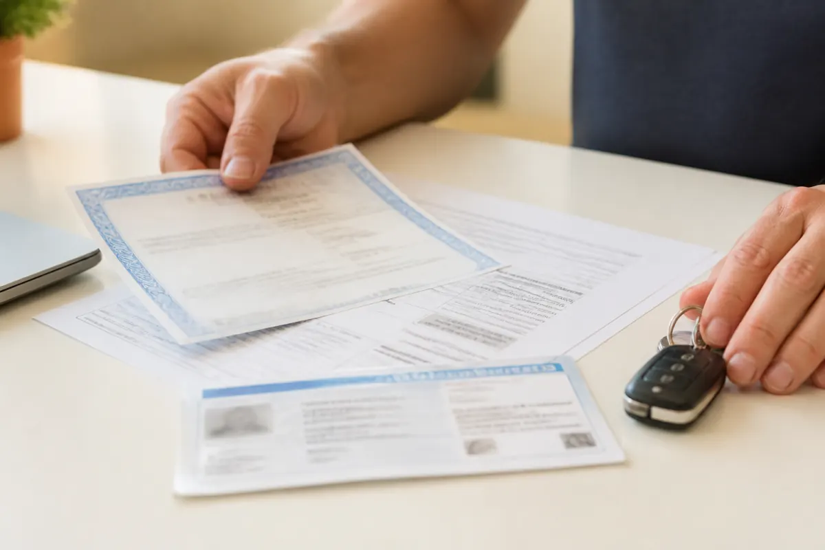 Car title, registration papers, and keys prepared for a vehicle sale