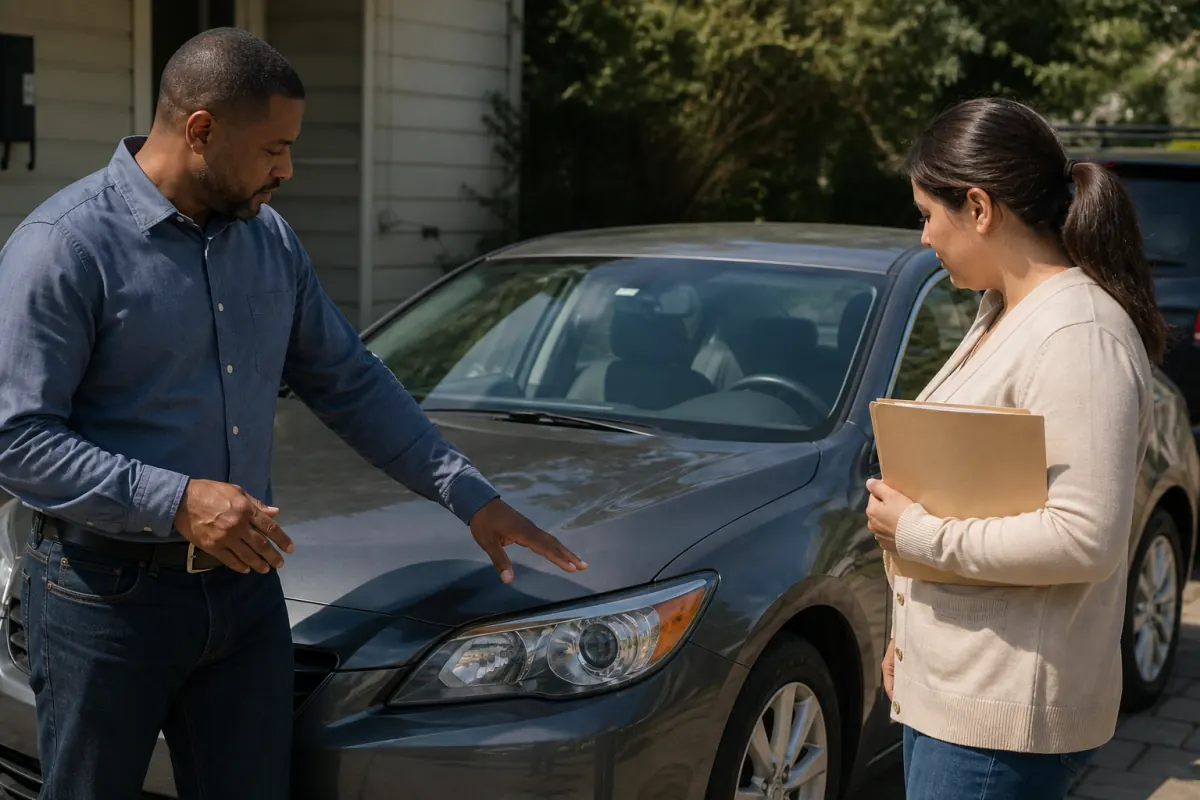 Used car seller and buyer inspecting a sedan before completing the sale
