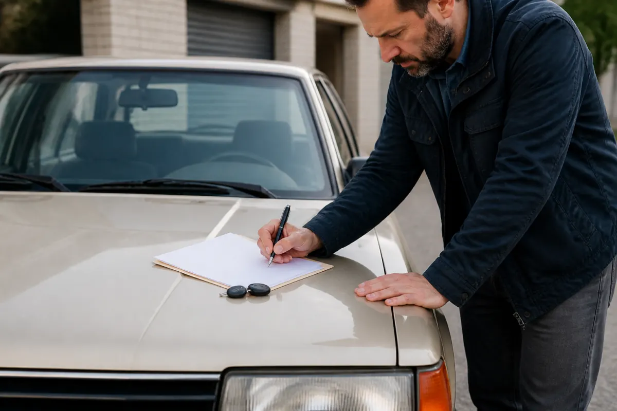 Car title paperwork and keys prepared for a free towing pickup