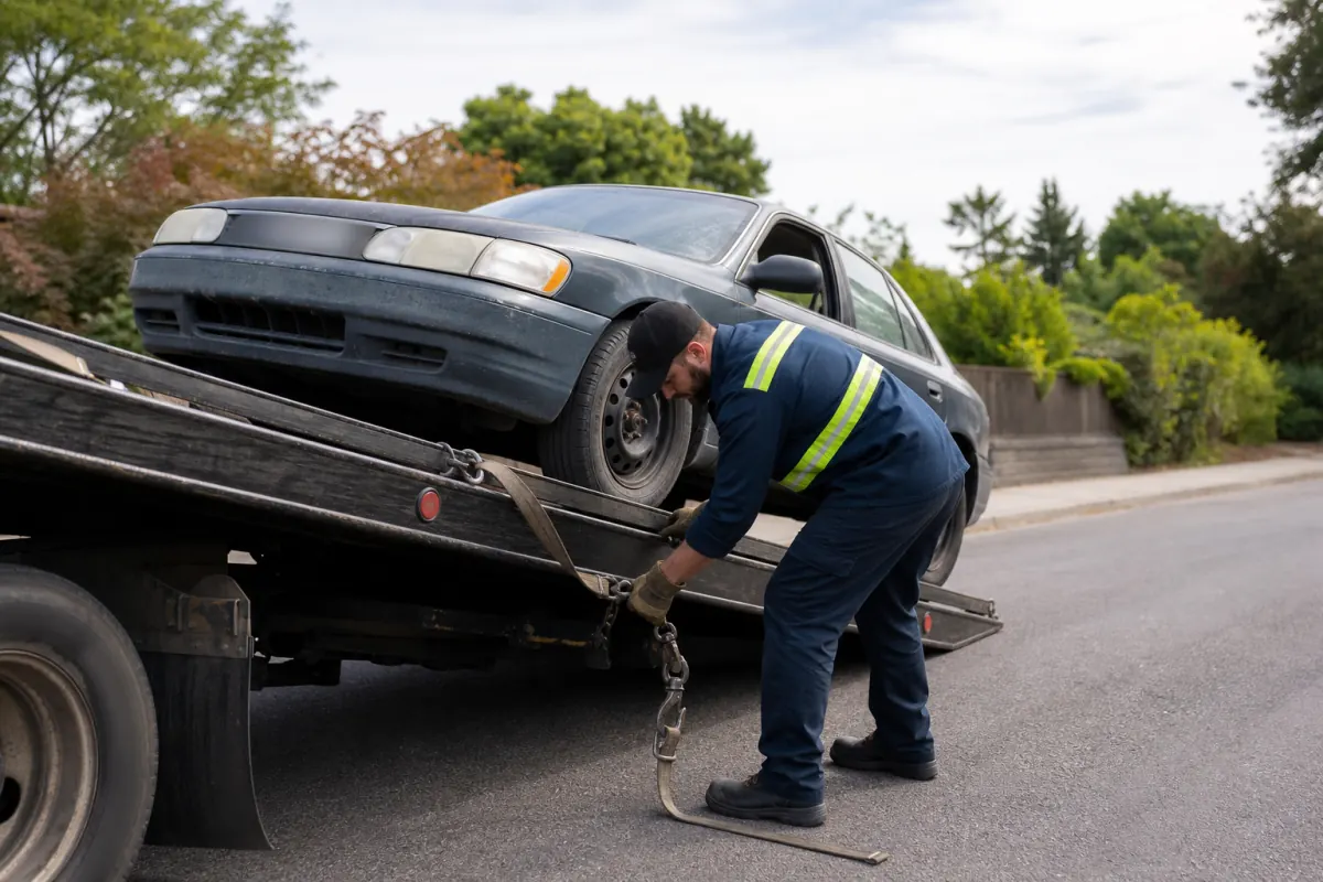 Tow operator securing a non-running car for a scheduled pickup