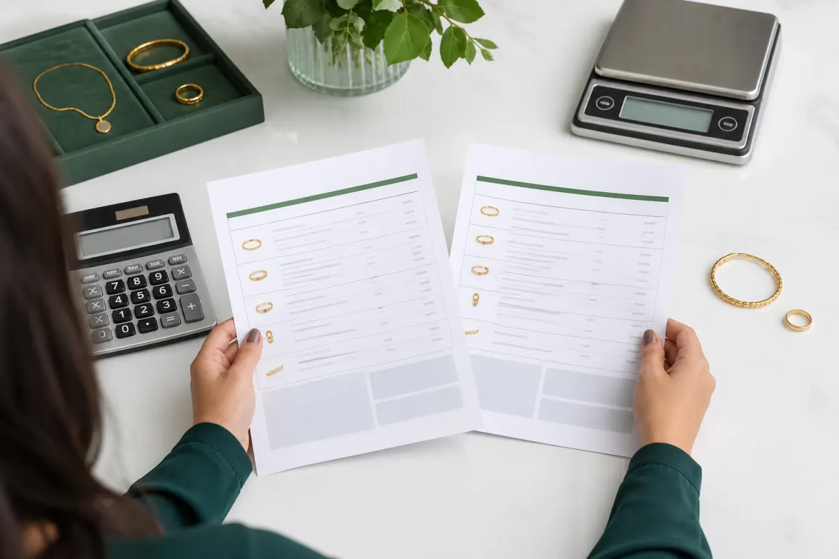 Gold seller comparing itemized offers beside jewelry and a scale