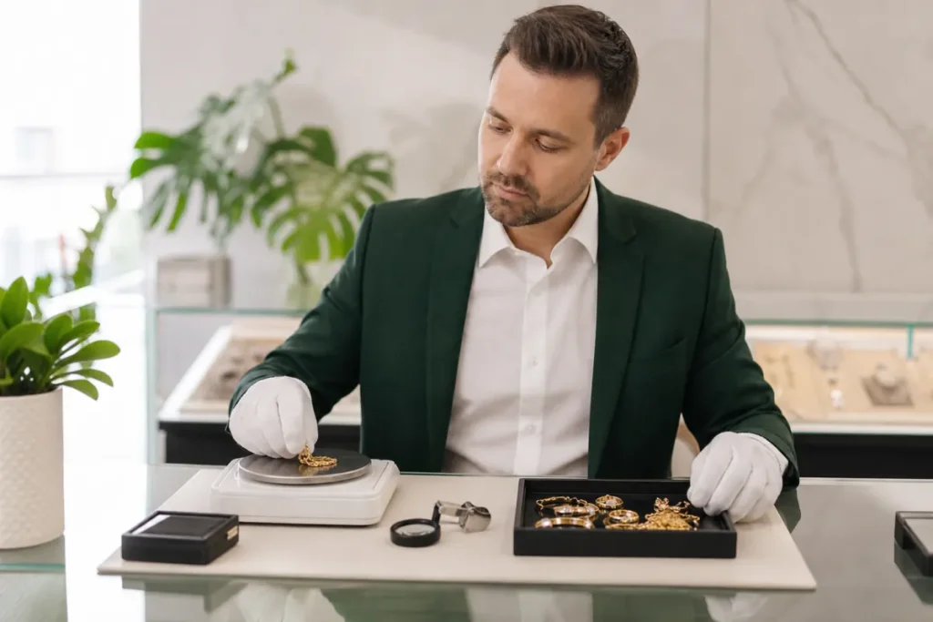 Gold buyer weighing jewelry to determine its value