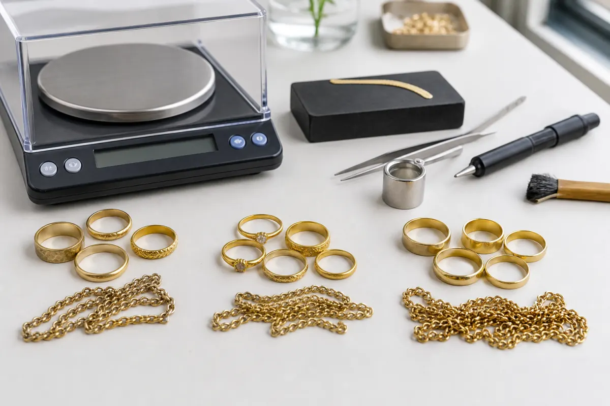 Gold jewelry grouped for purity testing and weighing