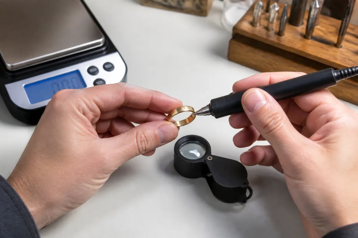 Jeweler testing 14K gold beside a digital gram scale