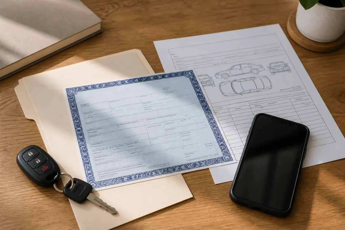 Vehicle title, repair estimate, keys, and phone prepared for a car sale