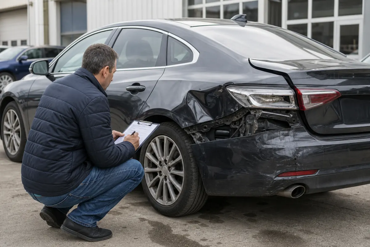 Appraiser inspecting car damage after an accident