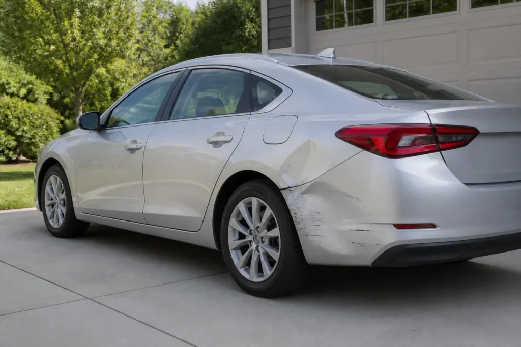 Silver car with visible body damage ready for an as-is sale