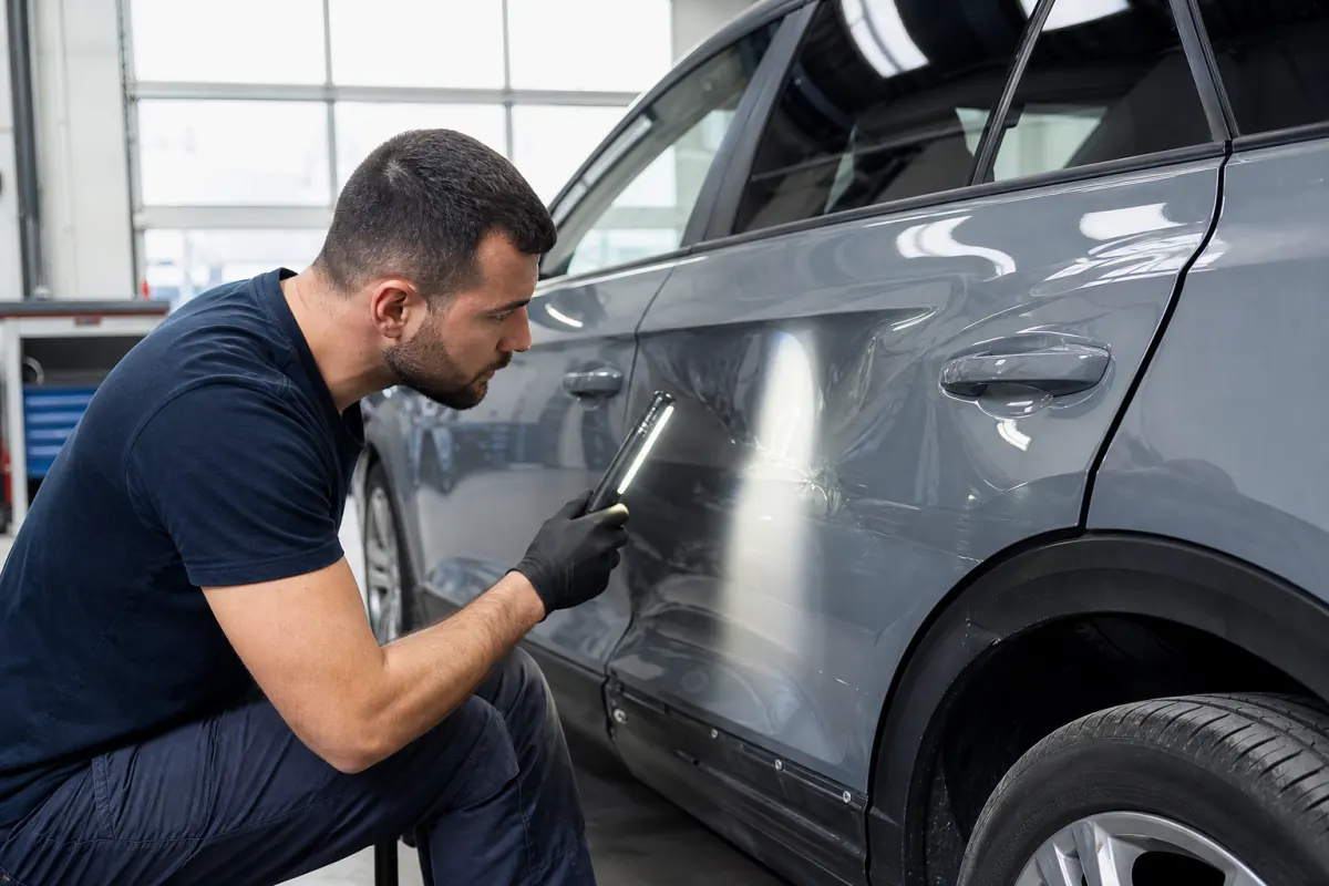 Technician inspecting body damage on a car before sale