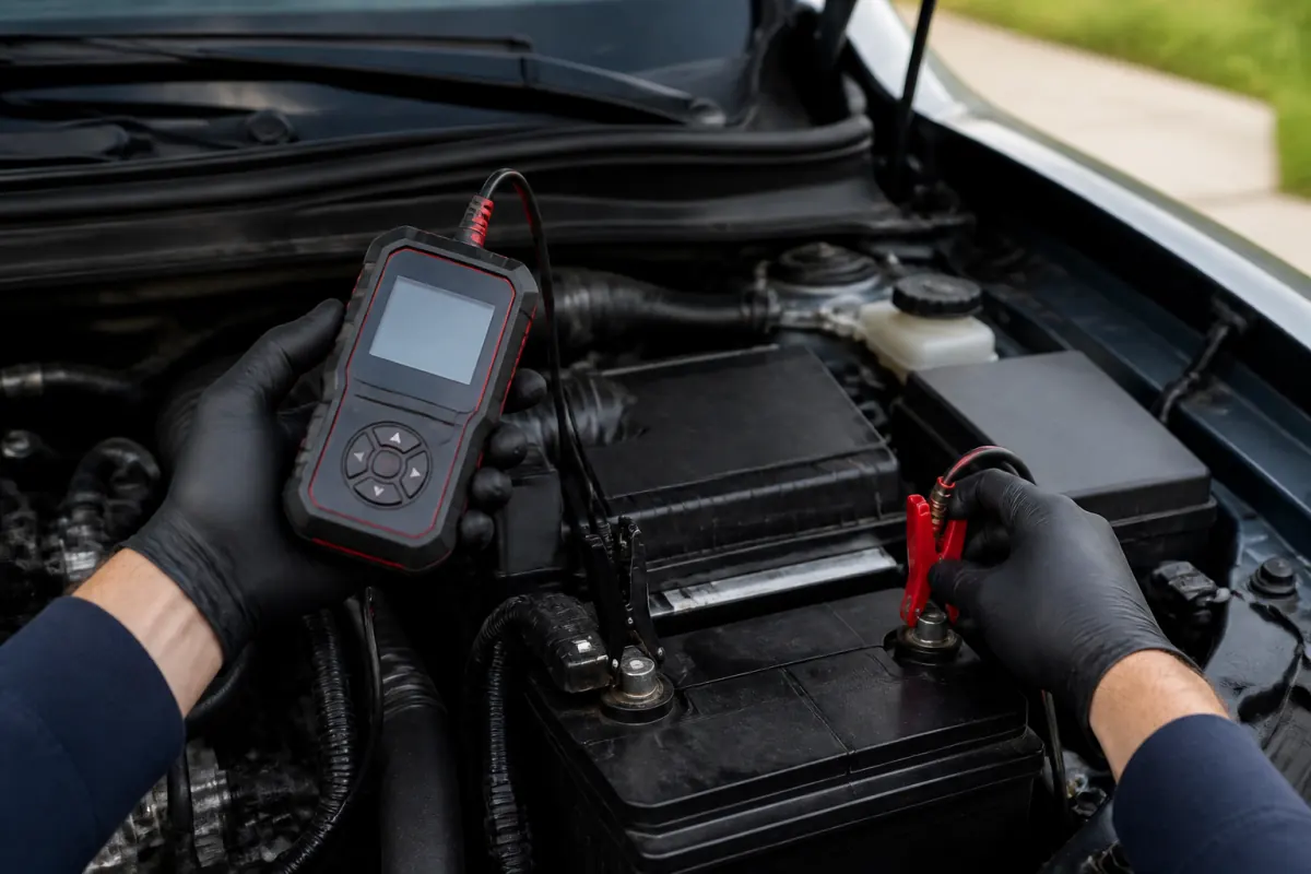Battery tester connected to a car battery before an as-is sale