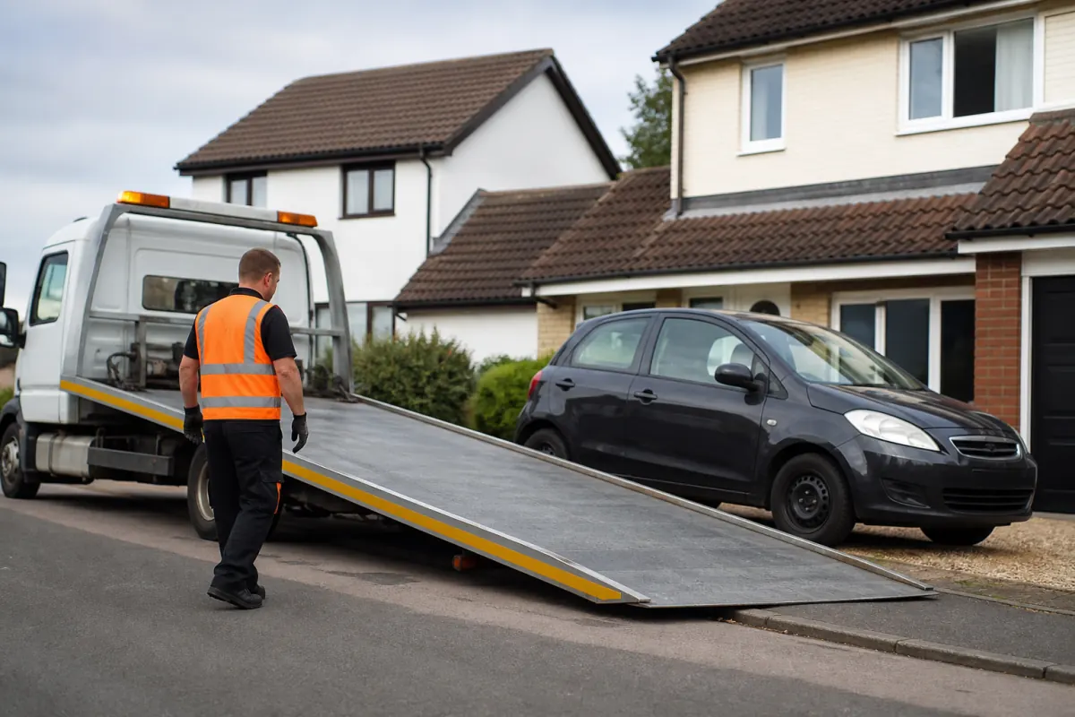 Tow truck collecting a non-running car with a dead battery
