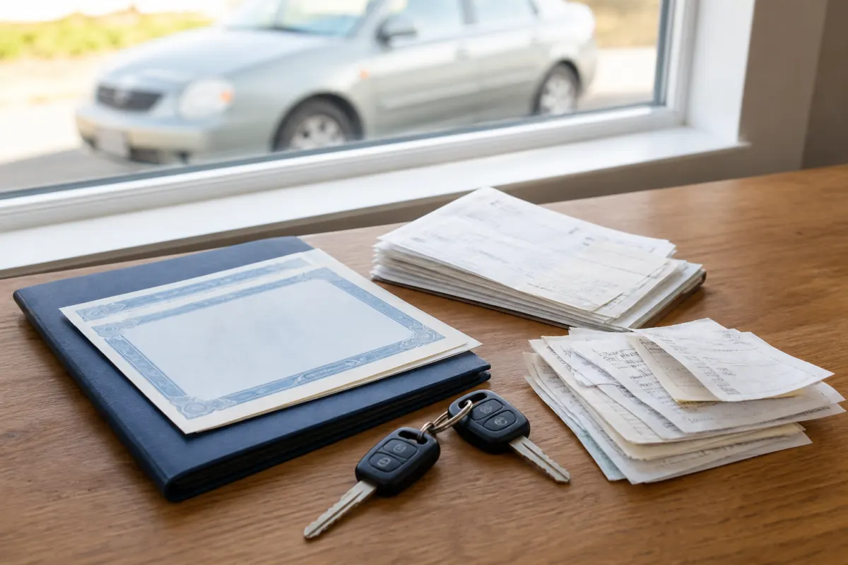 Paperwork and keys for selling a high-mileage car