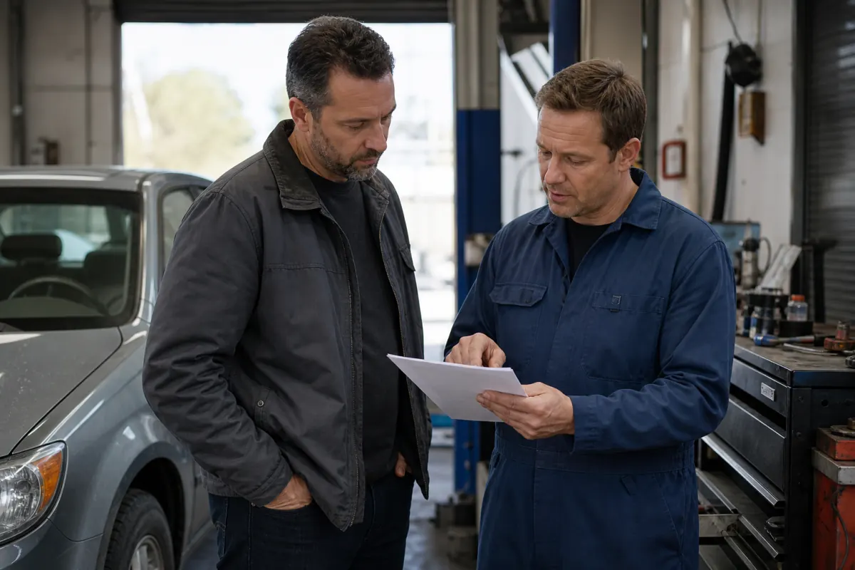 Mechanic and car owner reviewing mechanical issues and a repair estimate