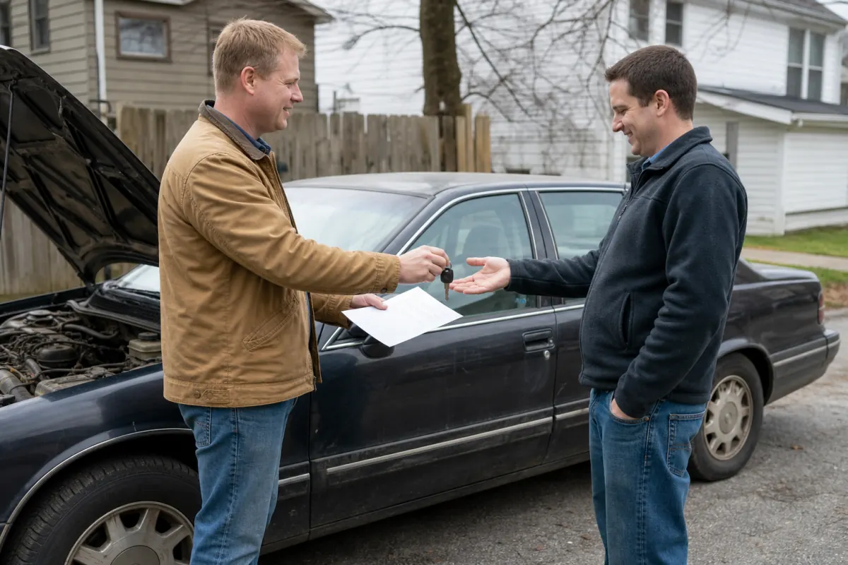 Seller completing an honest as-is used car sale with a buyer