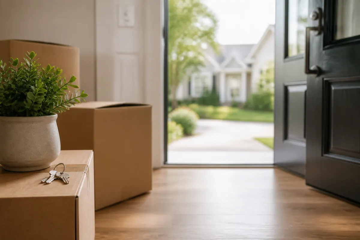 Packed moving boxes and house keys near an open front door