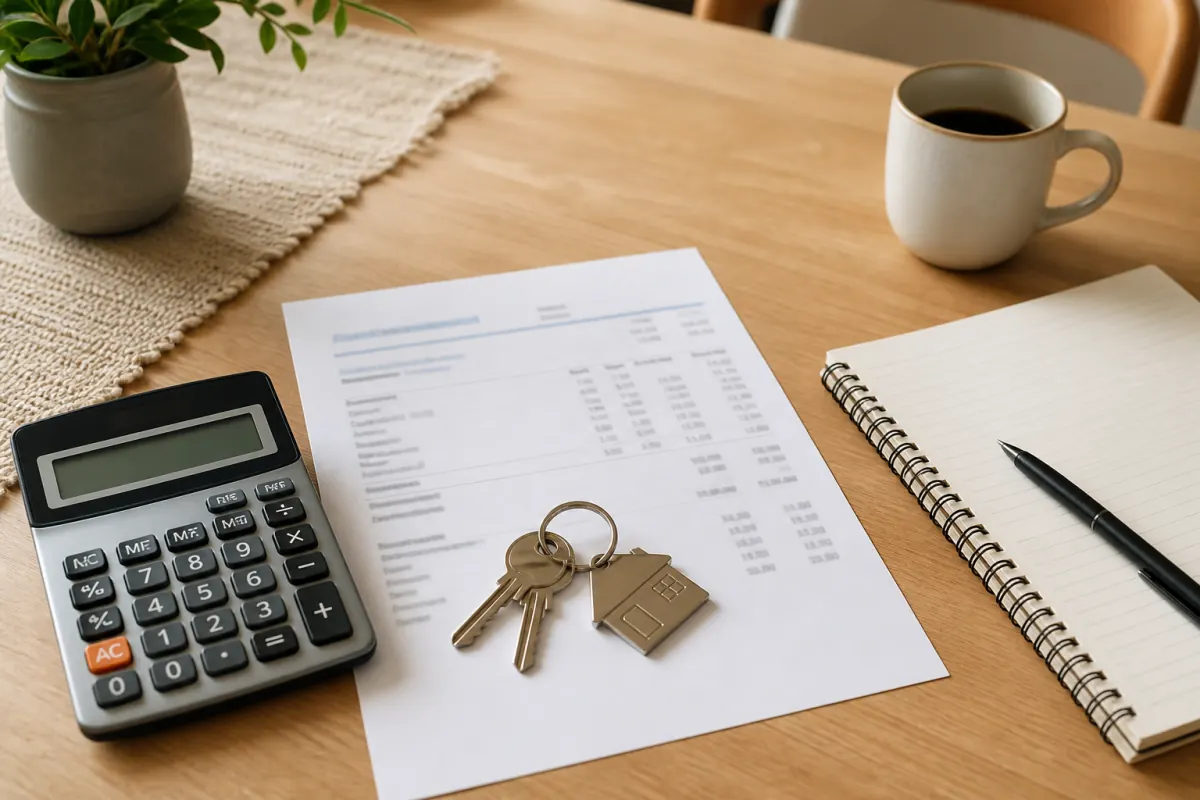 Calculator, house keys, and mortgage papers used to estimate the cost of selling a house after one year