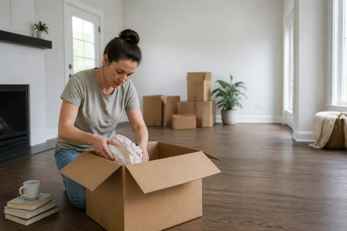 Homeowner packing a box while considering options for selling a recently purchased house