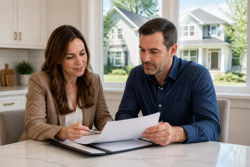 Two co-owners reviewing paperwork to sell a house
