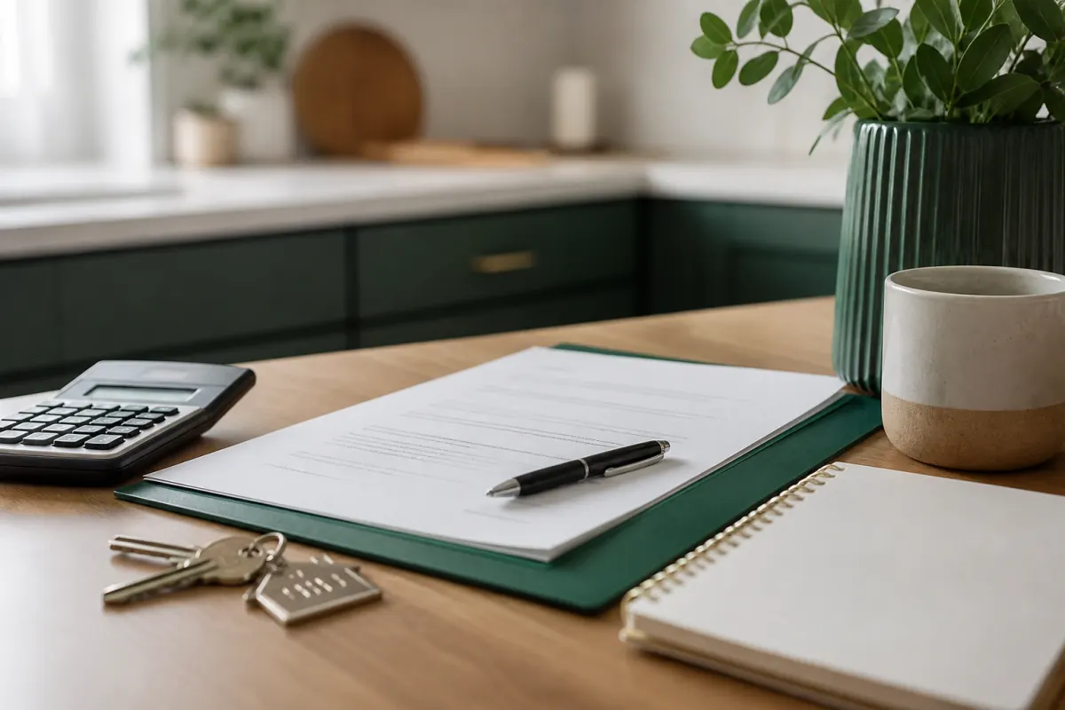 Mortgage payoff paperwork, calculator, and house keys on a kitchen table