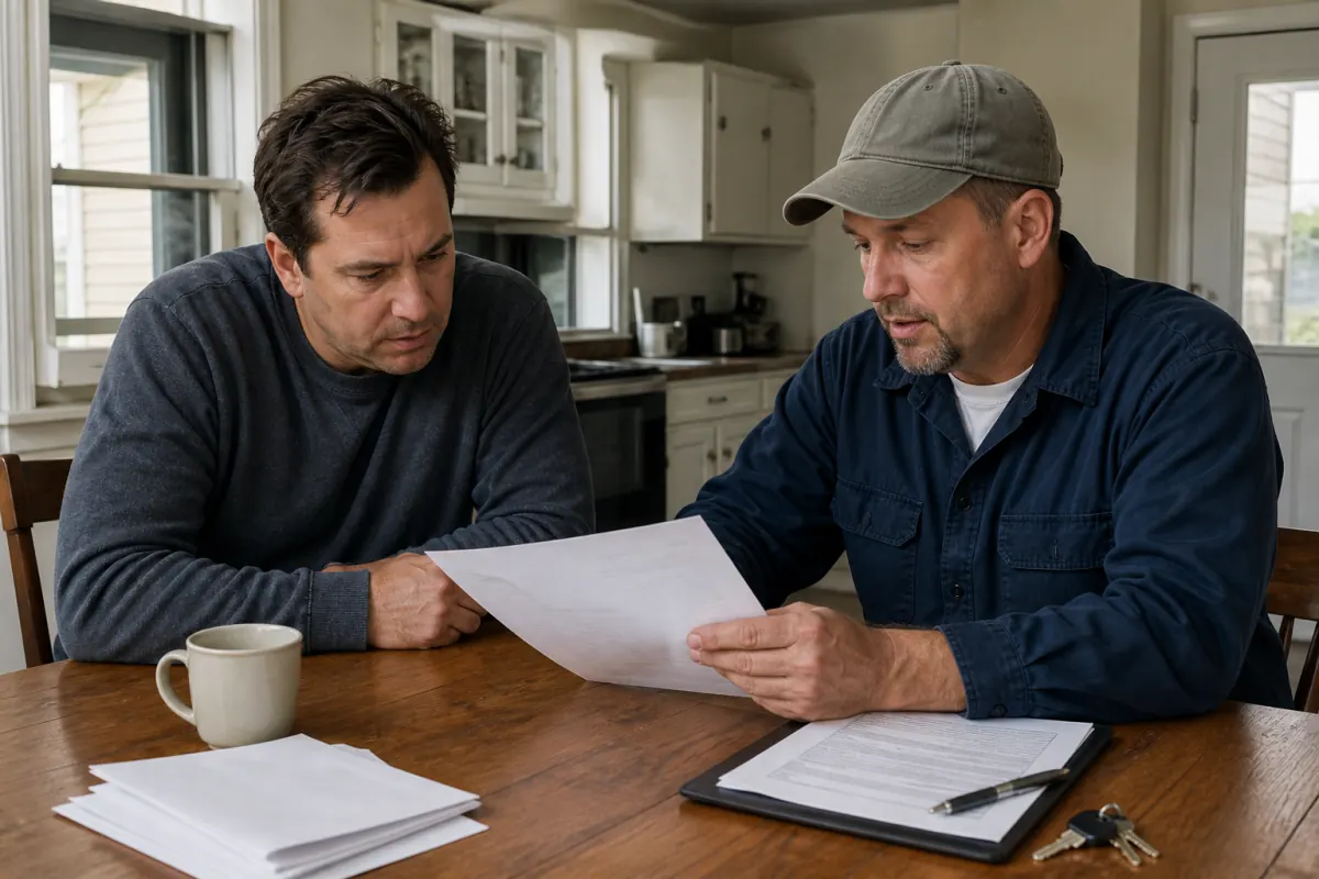 Homeowner and contractor reviewing termite repair options and estimates