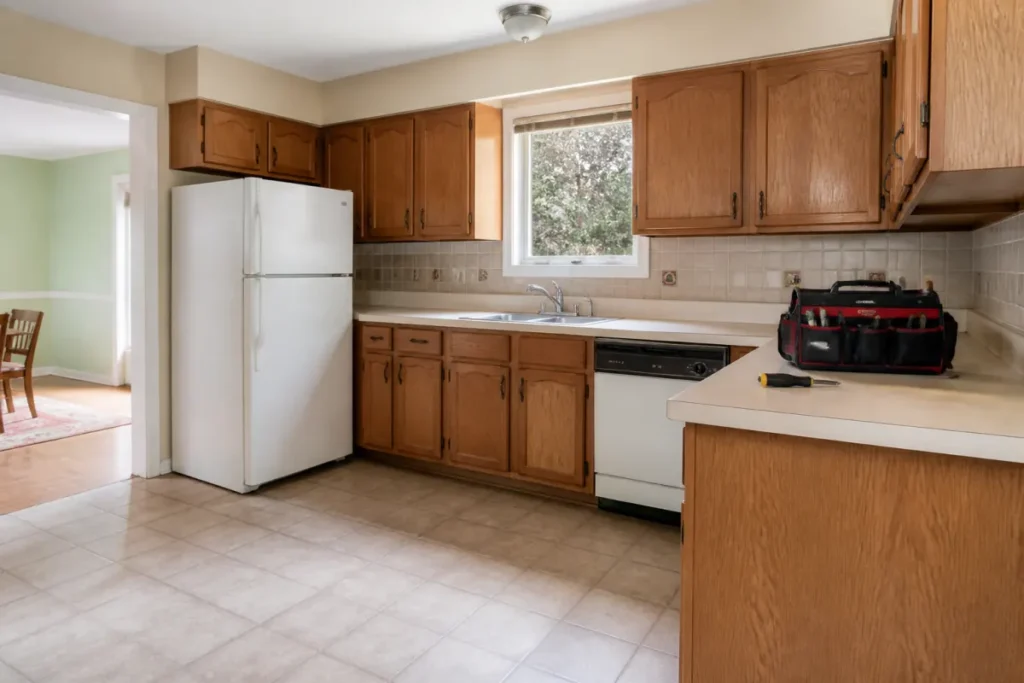 Dated kitchen in a house being prepared for sale