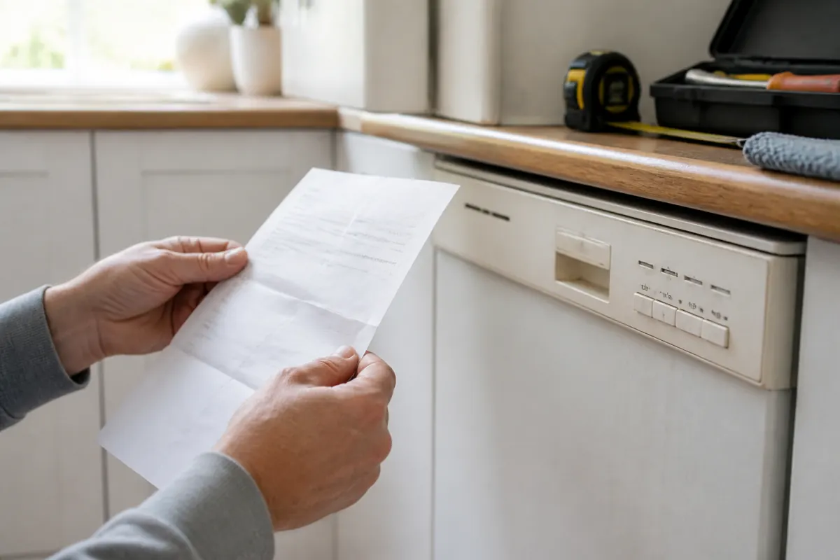 Seller reviewing an appliance repair estimate in a kitchen