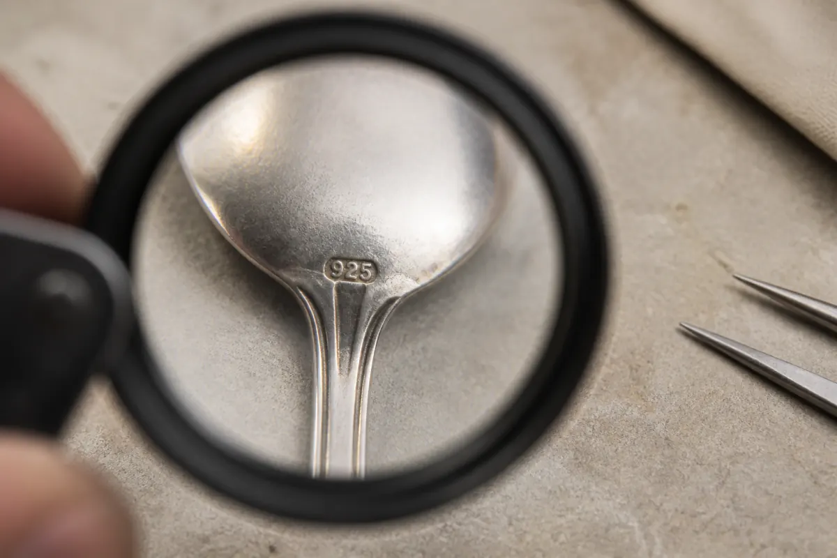 Close view of a sterling silver hallmark on vintage flatware